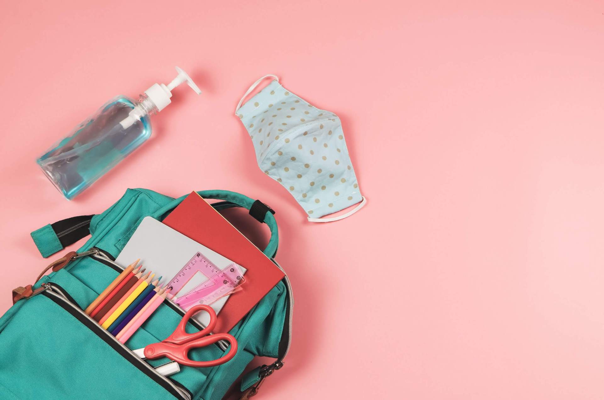Backpack, mask and hand sanitizer