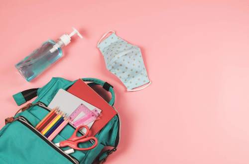 Backpack, mask and hand sanitizer