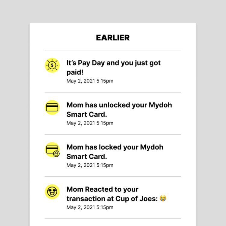 Transactions and updates being show in the Mydoh app