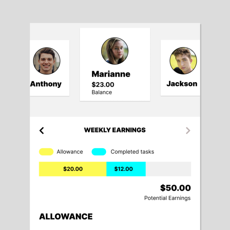 Weekly earnings from allowance and chores being shown in the Mydoh app