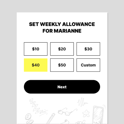 Choosing the amount of money for a kids weekly allowance in the Mydoh app