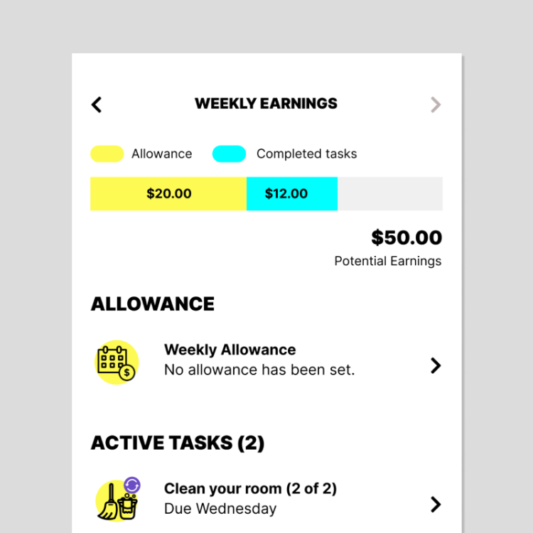 Weekly earnings from allowance being shown in the Mydoh app