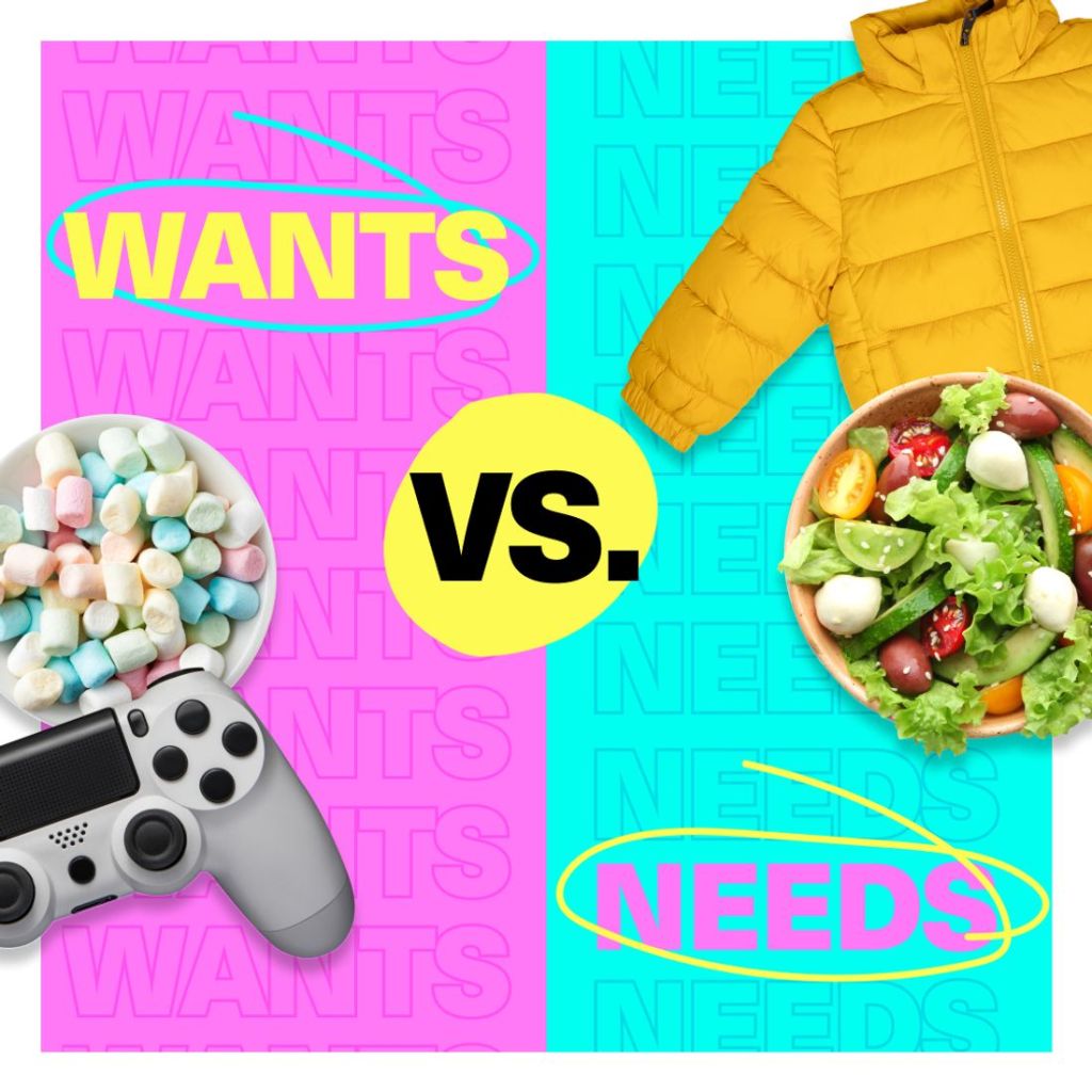 Examples of wants such as candies and games, and needs such as a healthy salad and a winter jacket
