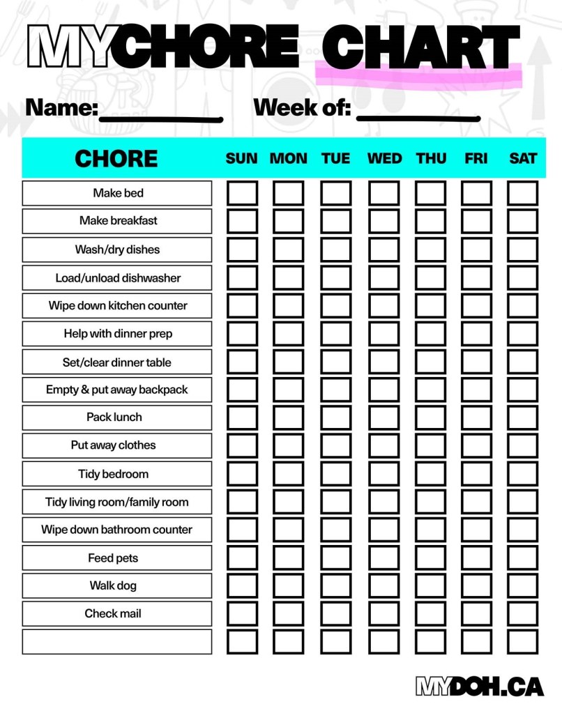 Downloadable daily chore chart template for kids