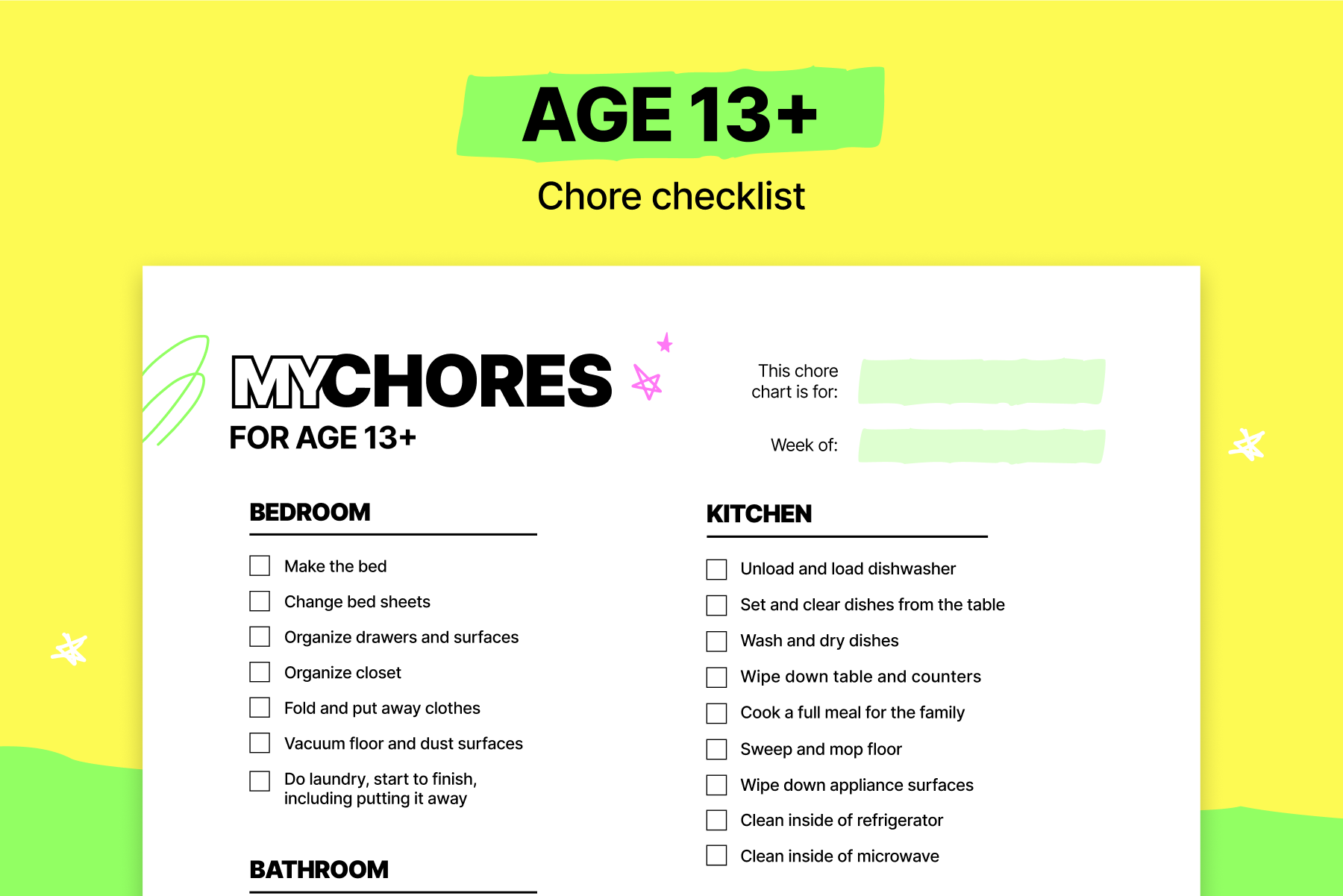 A chore chart checklist for 13 to 18 year olds