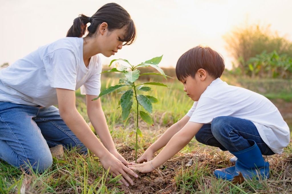 A mom and son planting a tree together