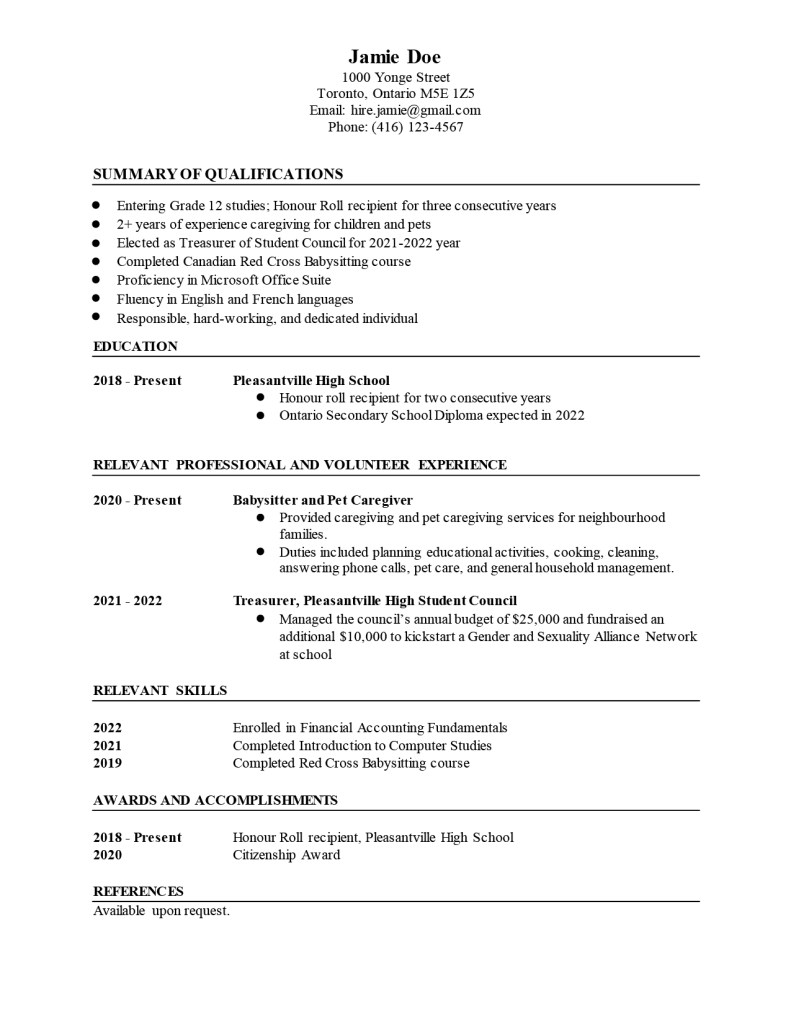 sample resume for 18 year old