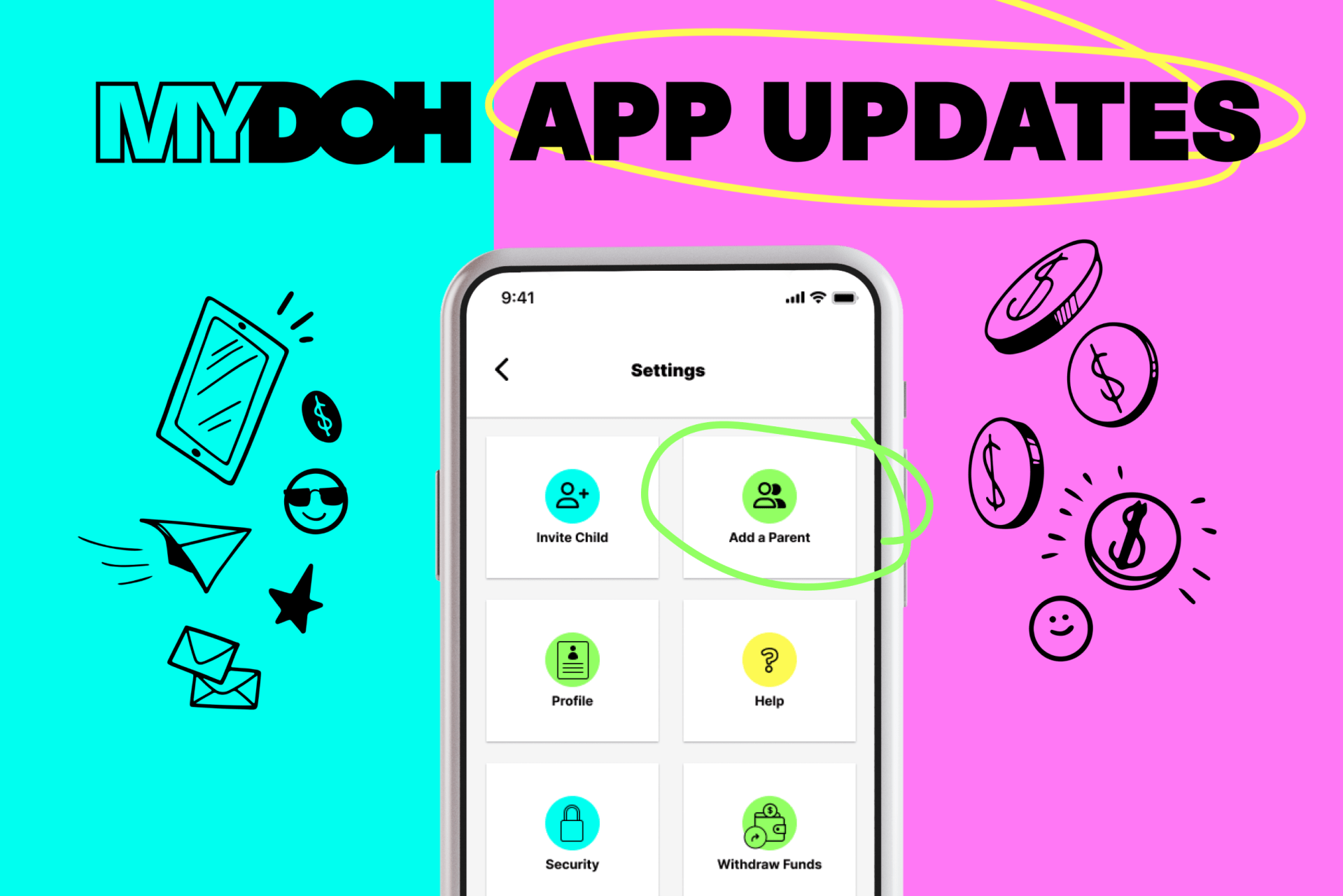 Image of Mydoh App with "Add a Parent" circled