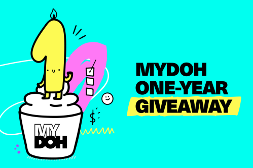 Cartoon image of number 1 candle on cake with Mydoh written on it