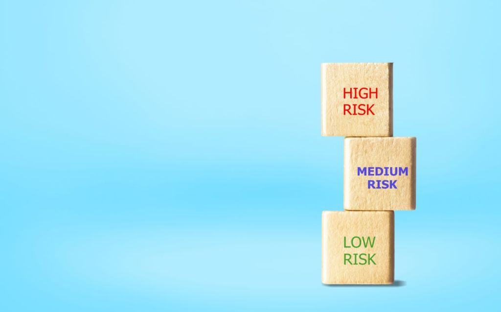 Three blocks on blue background spelling "high risk" "medium risk" "low risk"