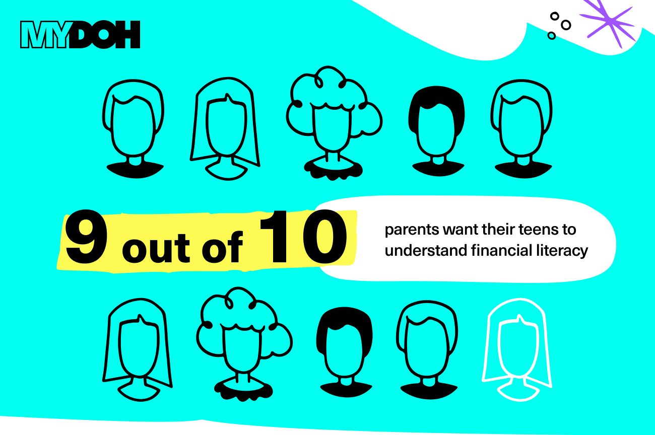 Pictures of heads against a blue background with text that says 9 out of 10 parents want their teens to understand financial literacy.