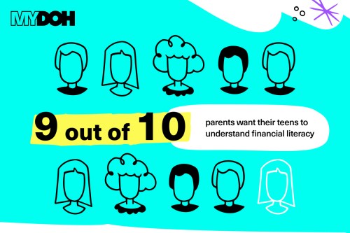 Pictures of heads against a blue background with text that says 9 out of 10 parents want their teens to understand financial literacy.