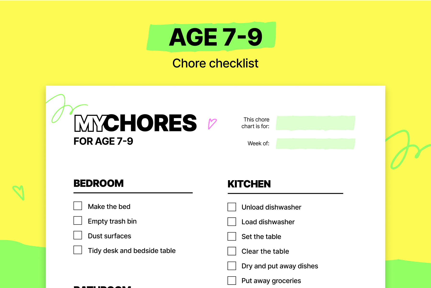 Chore chart for ages 7 to 9