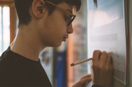 Teenager taking notes in board