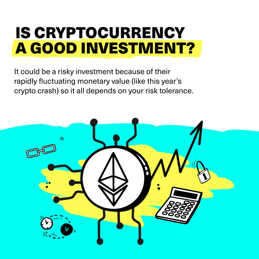 Is cryptocurrency a good investment? It could be a risky investment because of their rapidly fluctuating monetary value (like this year's crypto crash) so it all depends on your risk tolerance.