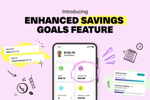 Image of smartphone with Mydoh app and the savings goals feature with doddles in the background