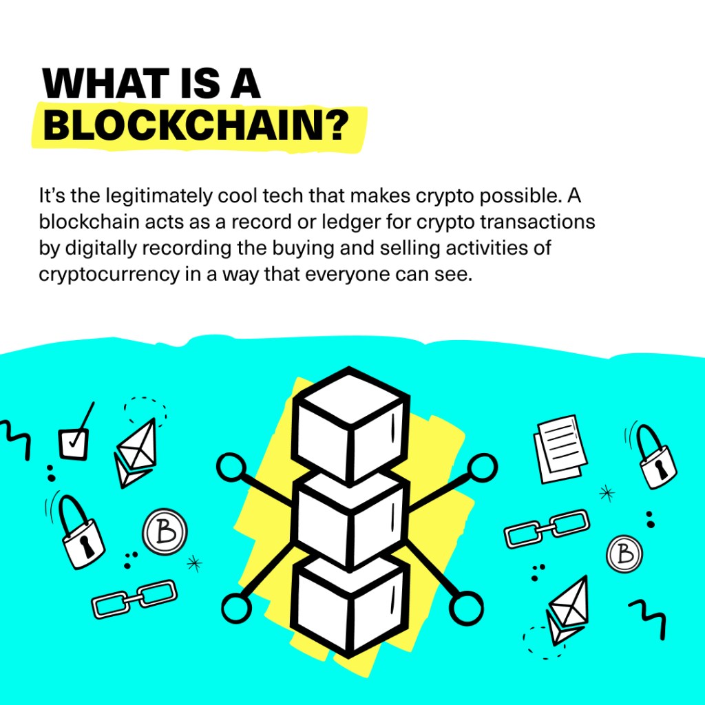 What is a blockchain? It's the legitimately cool tech that makes crypto possible. A blockchain acts as a record or ledger for crypto transactions by digitally recording the buying and selling activities of cryptocurrency in a way that everyone can see.