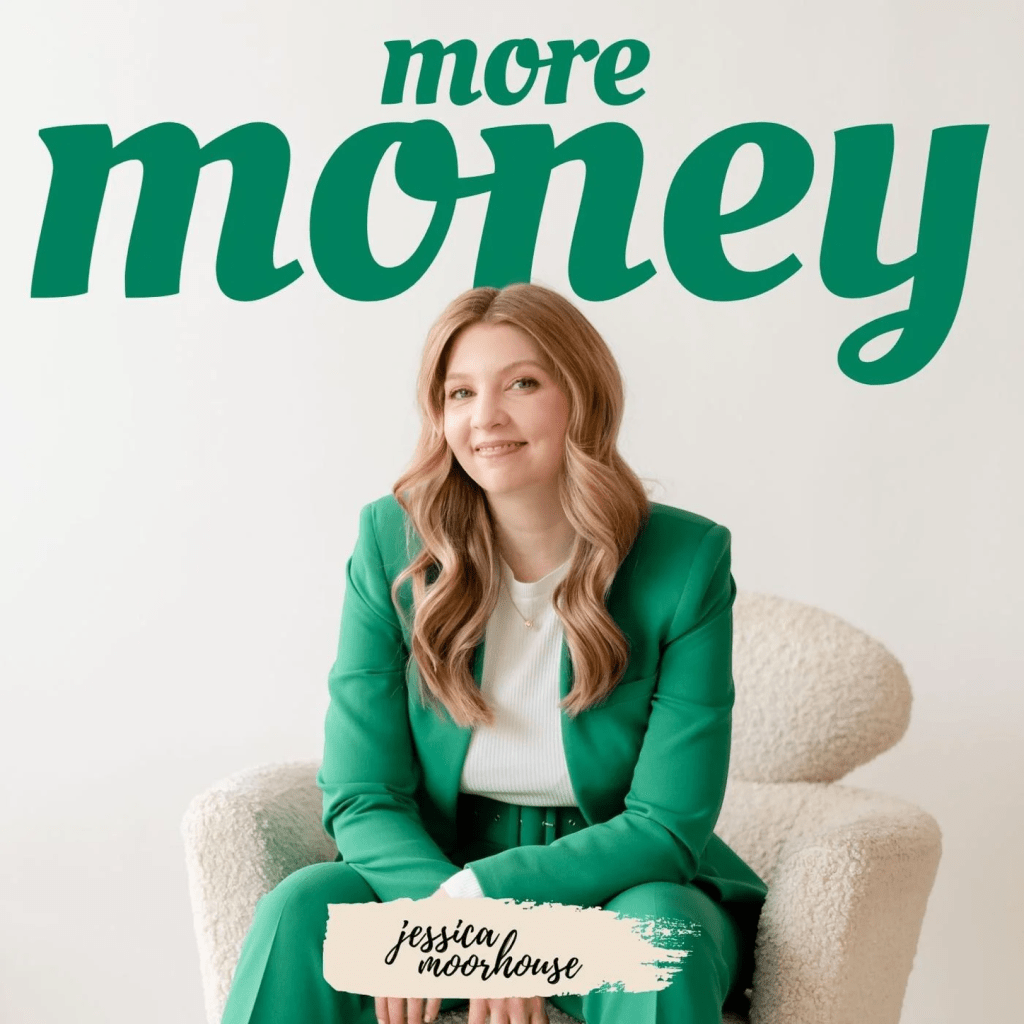 Image of woman in green suit sitting on chair, Jessica Moorehouse, and title more money