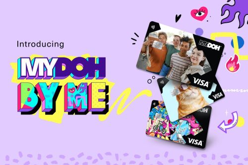 Image of three custom Mydoh smart cards featuring cat, graphics, and group of friends.