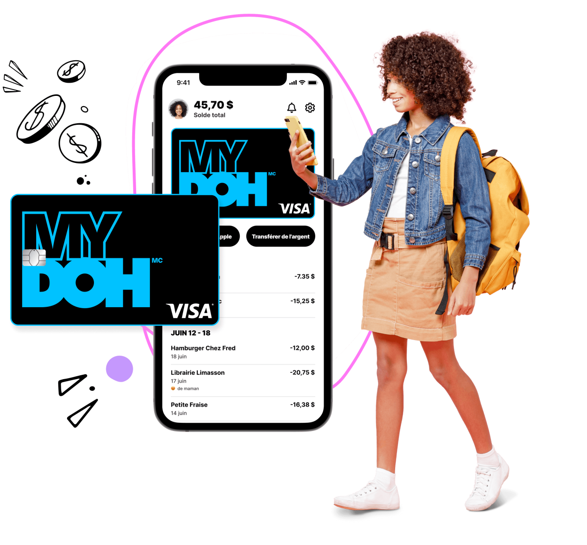 L’application Mydoh et la carte à puce permettent aux enfants d’acquérir facilement des compétences en matière d’argent. Et vous pouvez leur enseigner, les guider ou simplement les surveiller du coin de l’œil.