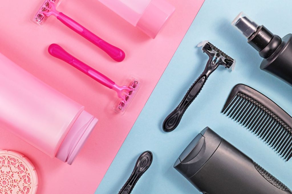 image of pink toiletries on pink background on left side and image of black toiletries on blue background on right side