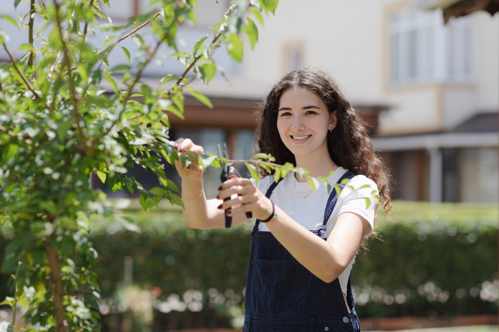 Smiling young woman gardener with curly hair pruning trees in the yard near her house. Teenager with pruner or pruning shears cutting branches at summer garden.