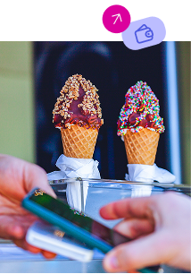 Hands tap a smartphone to pay for ice cream cones beside floating Mydoh finance app icons on this money homepage hero image.