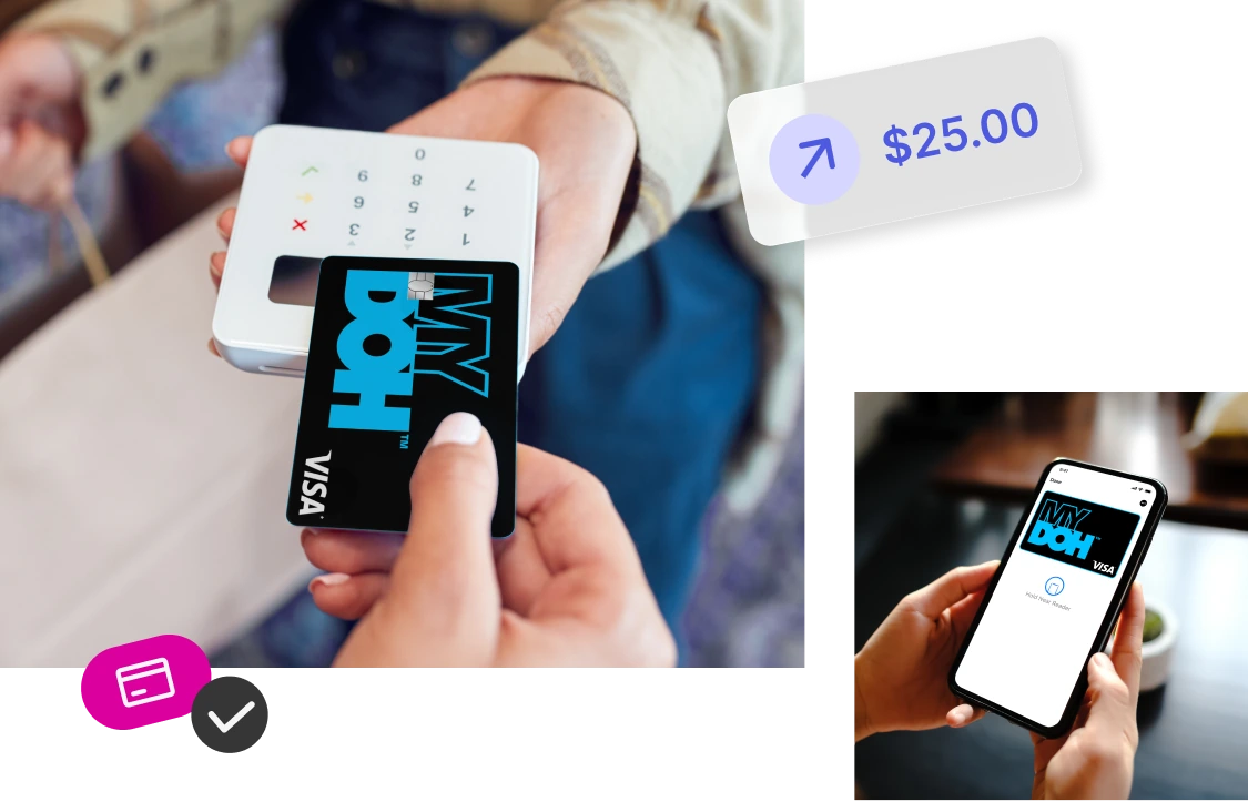 A person taps a black Mydoh card on a payment terminal while a phone shows the Mydoh card in a mobile wallet for easy finance.