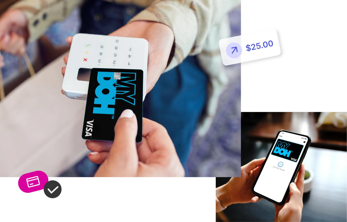 A person taps a black Mydoh card on a payment terminal while a phone shows the Mydoh card in a mobile wallet for easy finance.
