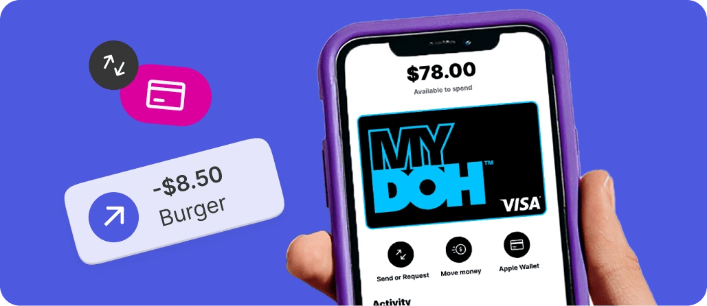 Create your account on this finance app shown on a smartphone with balance, digital card, and send money options on a purple background.