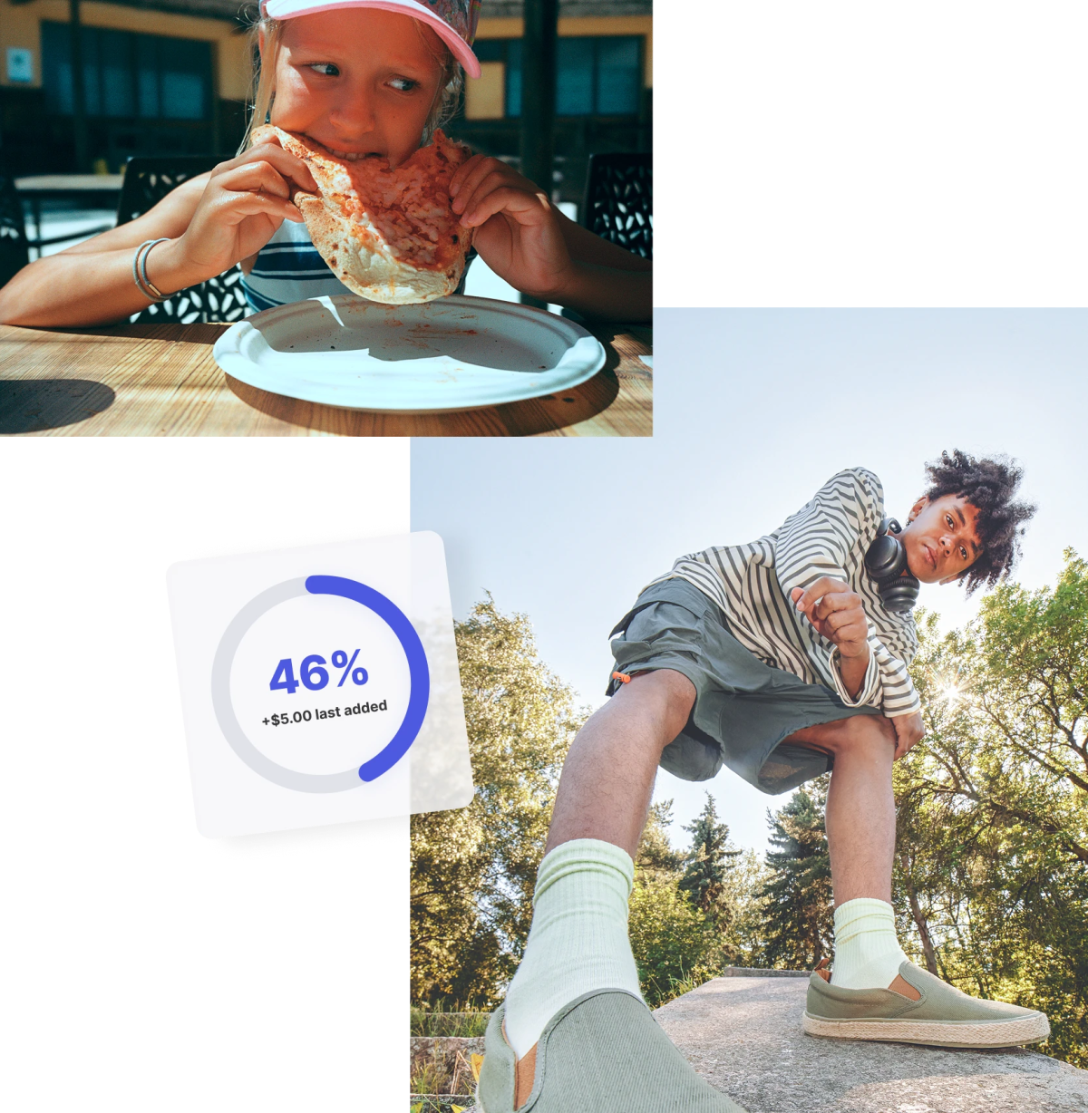 A vibrant collage of teens eating pizza, and relaxing outdoors with app graphics, showing how Mydoh makes money and finance fun.