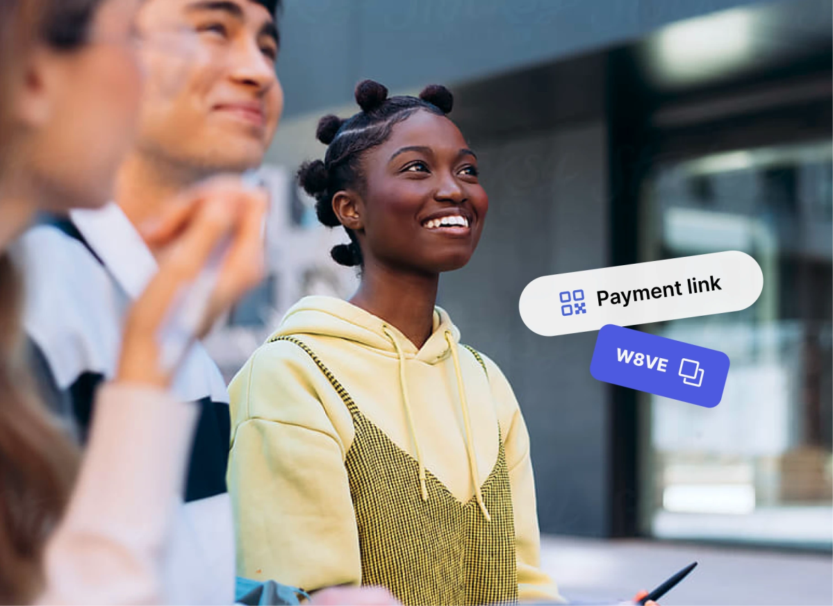 Three smiling young adults stand outdoors beside payment app bubbles, showing how Mydoh makes money and finance simple for teens.