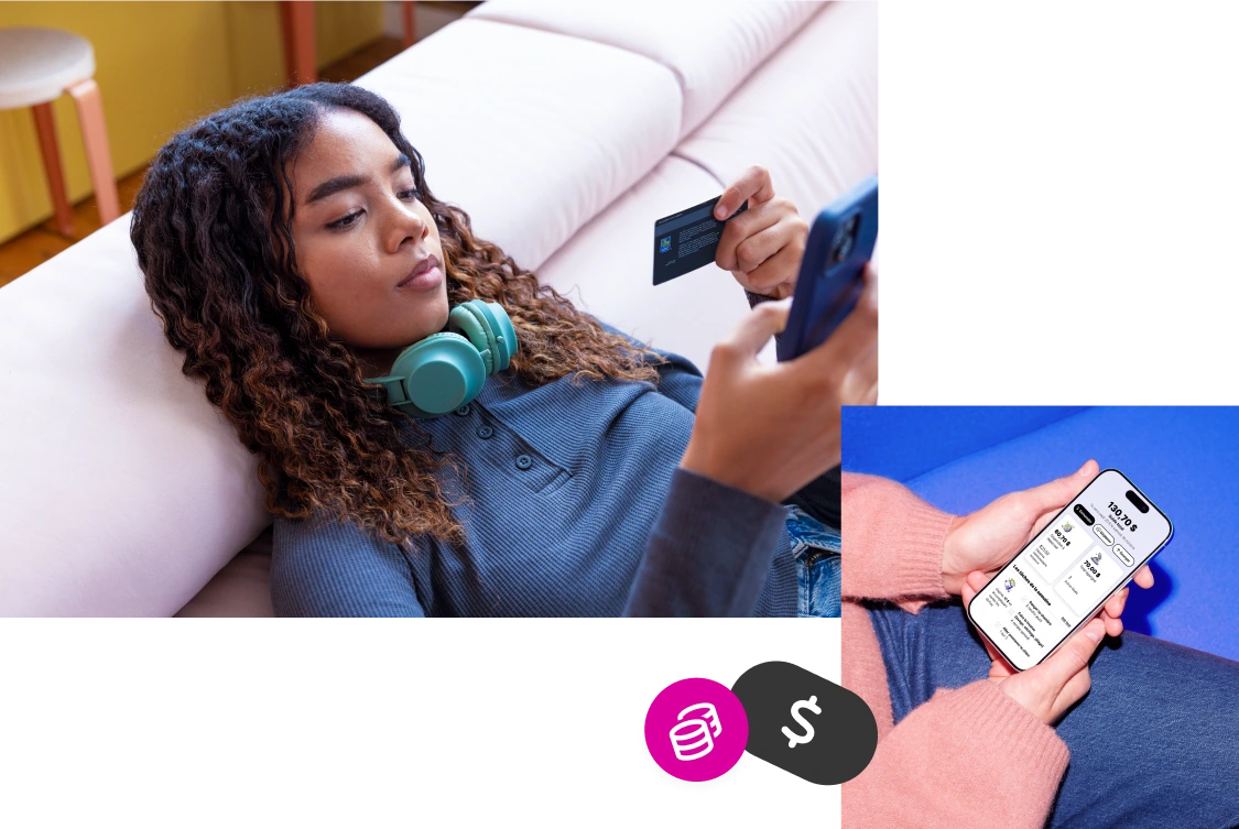A young person relaxes on a sofa holding a mobile phone and a payment card, showing how it works to manage money on the go.