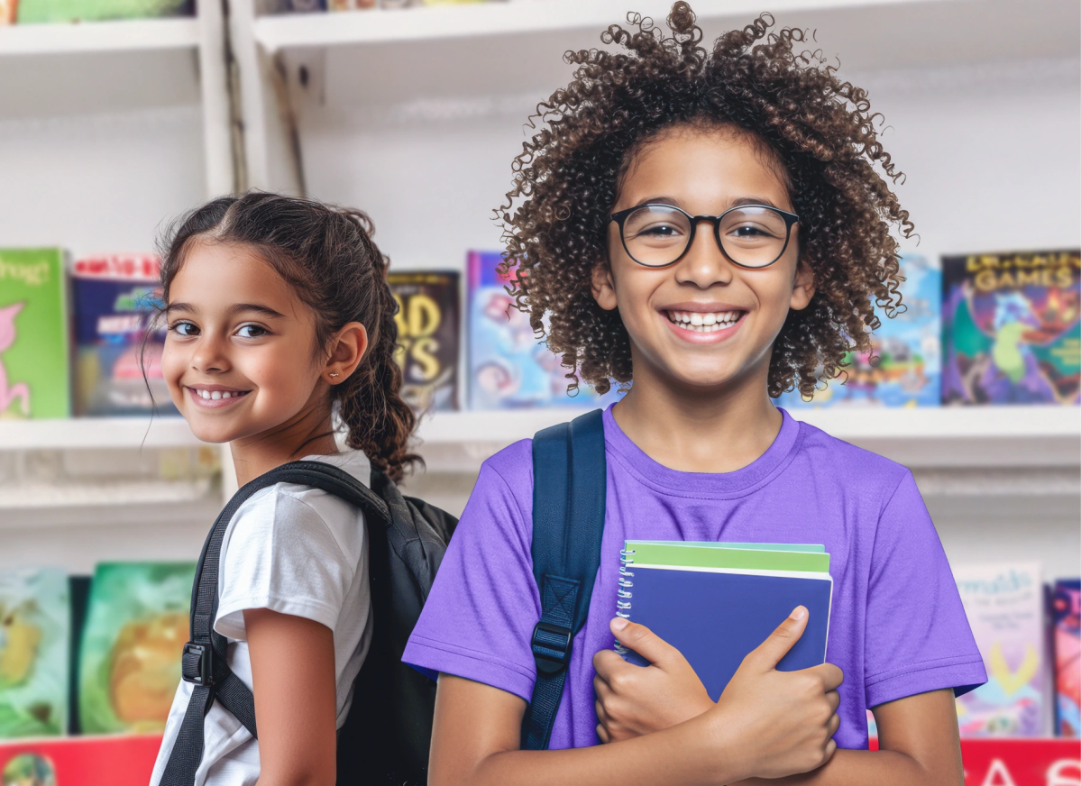 Deux etudiants souriants avec cahiers et sacs a dos parmi des etageres de livres, prets pour la rentree sur la page Scholastic.