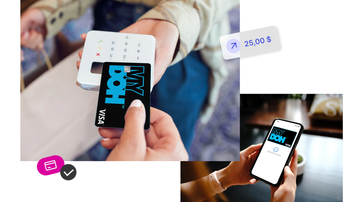 Une personne tape une carte Mydoh noire sur un terminal de paiement tandis qu'un téléphone affiche la carte Mydoh dans un portefeuille mobile pour la finance.