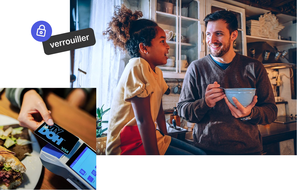 Une famille dans une cuisine près d'un paiement sans contact et d'une icône de verrouillage, illustrant la sécurité financière mobile.