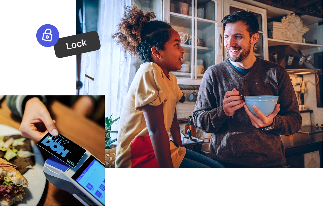 A family shares a warm moment in a kitchen beside a contactless card payment and a lock icon, highlighting mobile money and finance security