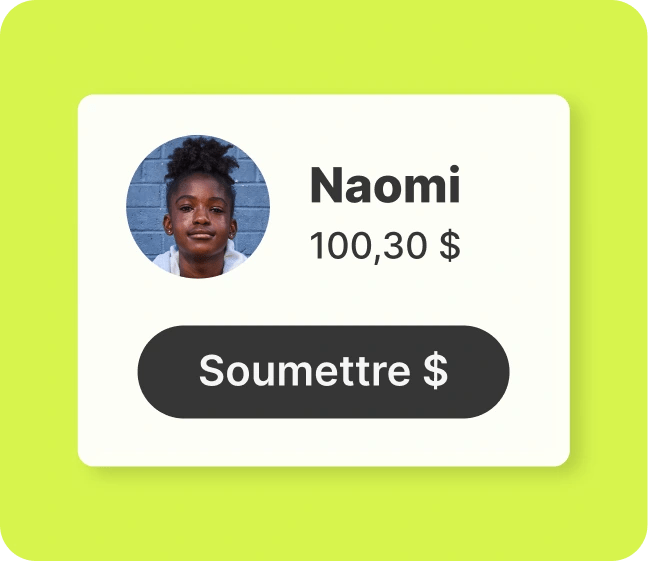 Une carte blanche de l'application financière Mydoh sur fond vert lime affiche le solde de Naomi de 100,30 dollars avec un bouton soumettre.