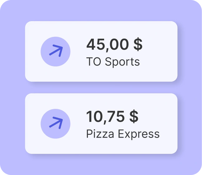 Deux cartes de transaction blanches sur fond pervenche listent les dépenses de l'application financière Mydoh : 45 dollars à TO Sports et 10,75 à Pizza Express.