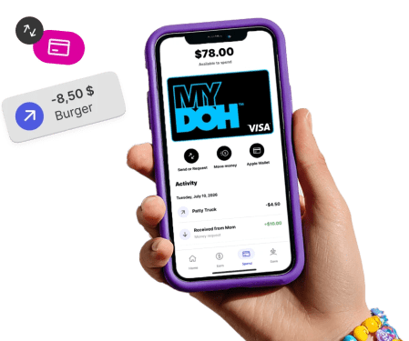 A hand holds a smartphone showing the Mydoh app with a Visa card, account balance, and recent activity on a clean white background.