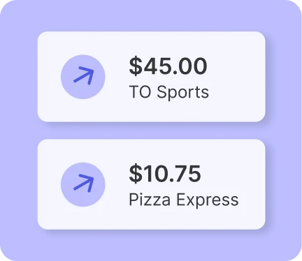 Mydoh App shows two outgoing payment cards on a light purple background, listing $45.00 to Sports and $10.75 to Pizza Express with blue arrow icons.