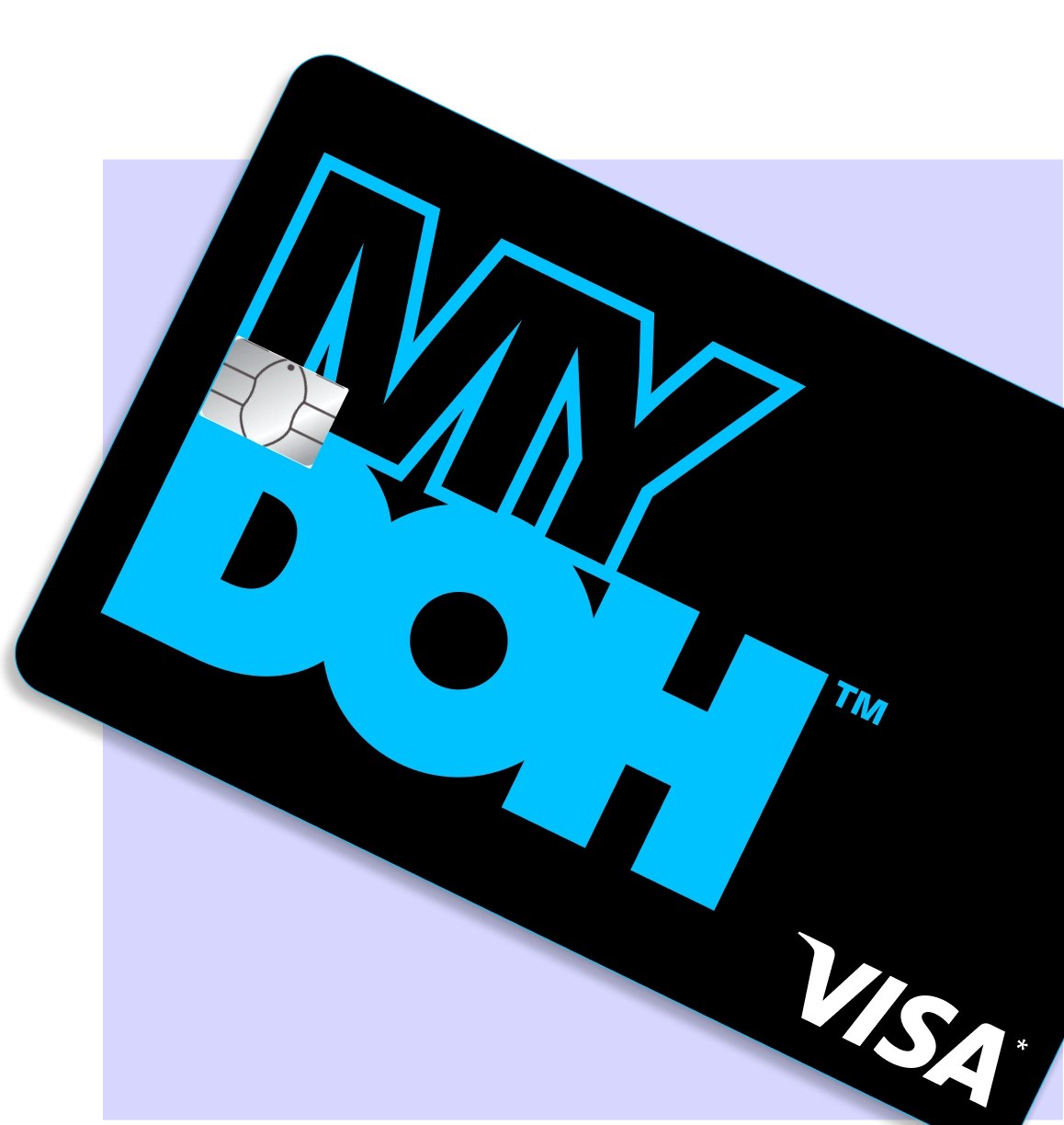 A black Mydoh Visa card angled on a light purple background, featuring the Mydoh card logo and silver chip for teen finance.
