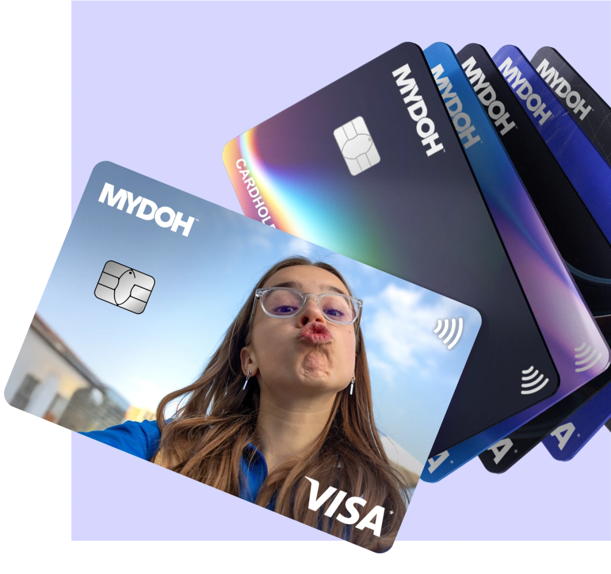 A fanned display of Mydoh Visa cards showcasing customizable designs, with a personalized photo Mydoh card in front for finance.