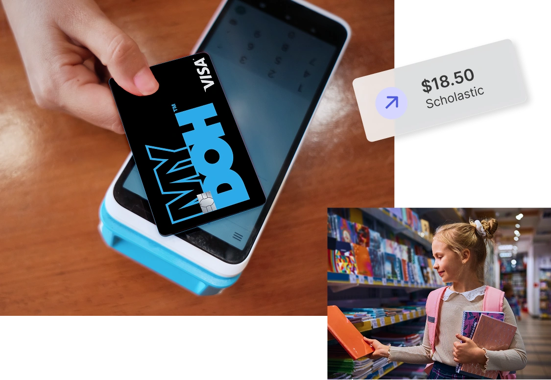 A mobile collage shows a MyDoh Visa card payment of $18.50 at Scholastic beside a student shopping for school supplies and notebooks.