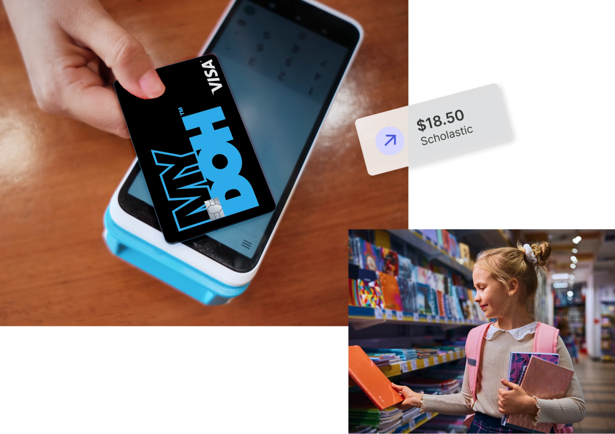 A mobile collage shows a MyDoh Visa card payment of $18.50 at Scholastic beside a student shopping for school supplies and notebooks.