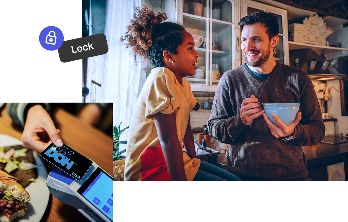 A family shares a warm moment in a kitchen beside a contactless card payment and a lock icon, highlighting mobile money and finance security.