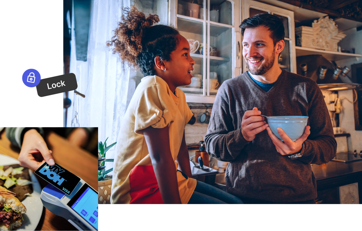 A family shares a warm moment in a kitchen beside a contactless card payment and a lock icon, highlighting mobile money and finance security
