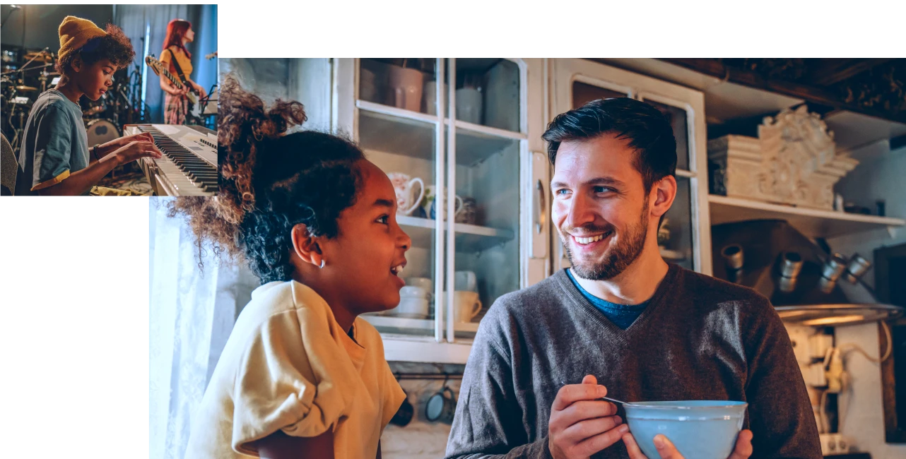 Two smiling people share a meal in a bright kitchen, with an inset photo of two musicians playing keyboard and guitar in a dim studio.