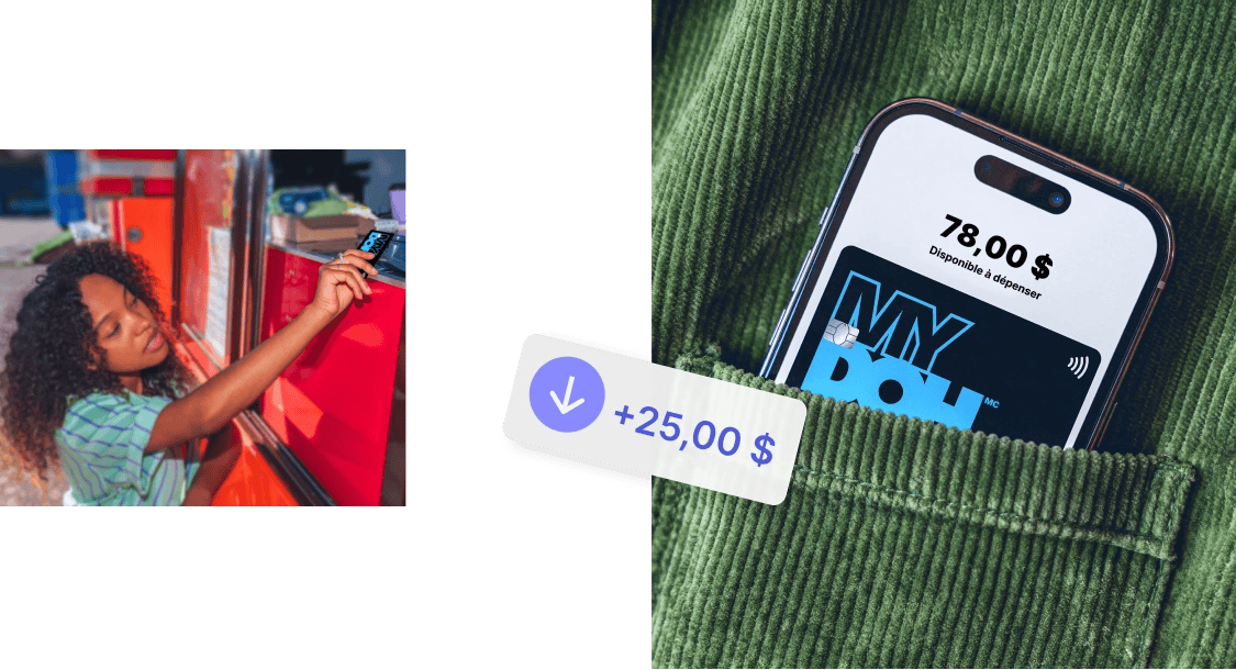 Un smartphone dans une poche en velours côtelé affiche un solde Mydoh à côté d'une photo encadrée d'un paiement par carte de l'application financière