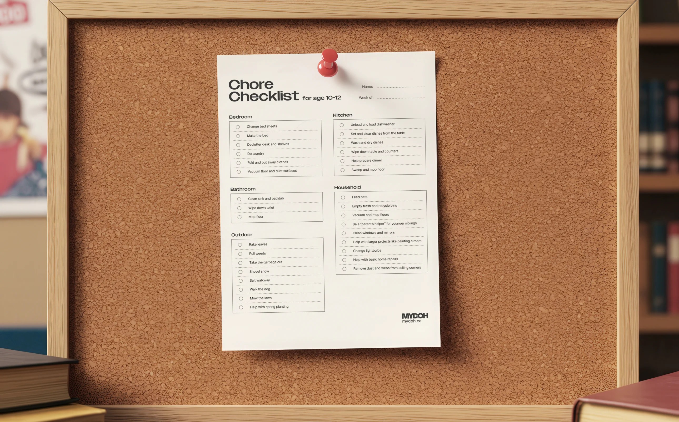 A printable Chore Chart checklist for ages 10 to 12 is pinned to a wood-framed corkboard on a study desk between two hardcover books.
